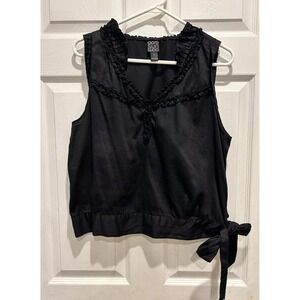 Clara Sun Woo Womens Black Cotton Ruffle V-Neck Sleeveless Blouse Side Tie Large